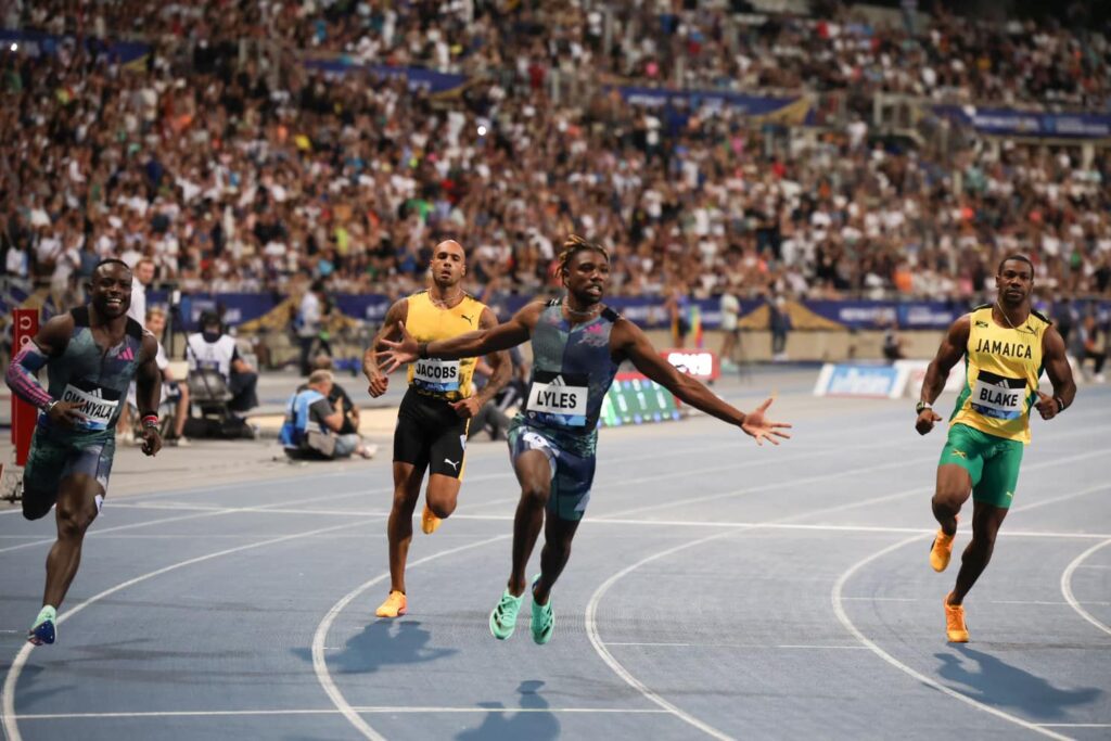 Noah Lyles winning against Lamont Marcell JACOBS, Yohan BLAKE, Ferdinand OMANYALA