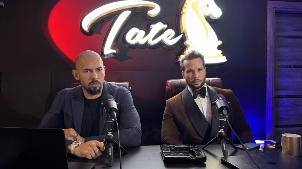 Andrew Tate with his brother Tristan Tate at his podcast tate speech